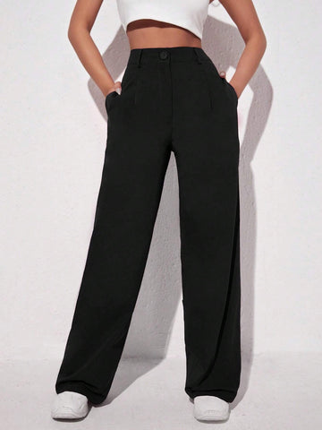 EZwear Black Casual Solid Straight Leg Pants