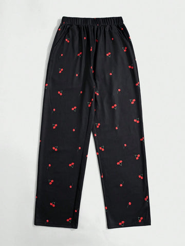 EZwear Black Cherry Print All-Over Straight Leg Drawstring Waist Casual Sweatpants
