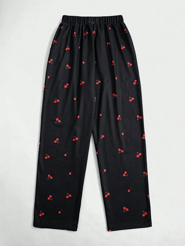 EZwear Black Cherry Print All-Over Straight Leg Drawstring Waist Casual Sweatpants