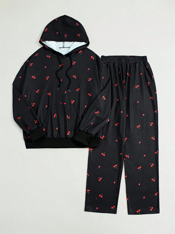 EZwear Black Cherry Print All-Over Straight Leg Drawstring Waist Casual Sweatpants