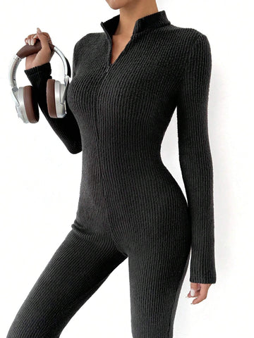 Black Knit Women's Casual Long Sleeve Full Zip Jumpsuit, Spring & Fall