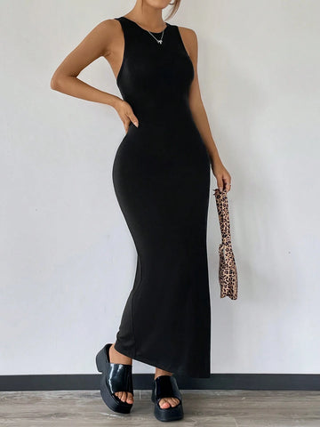 Black Knitted Solid Color Sleeveless Bodycon Dress
