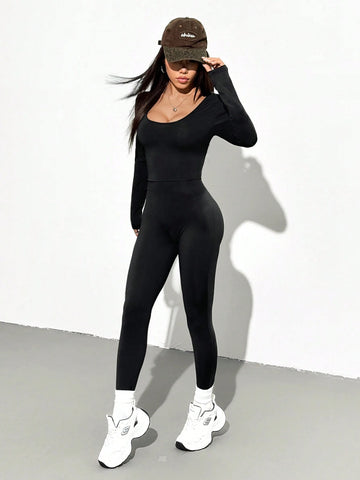 Black Knitted Solid V-Neck Casual Long Sleeve Jumpsuit