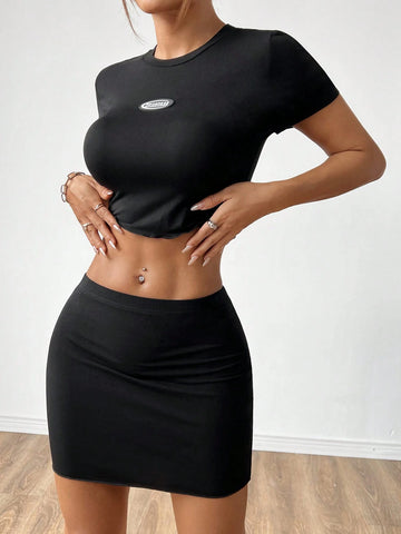 Black Knitted Tight-Fit Women Suit With Rubber Printing