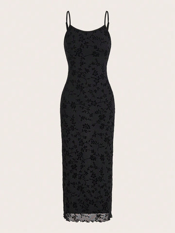 Black Knitted Velour Women's Spaghetti Strap Dress