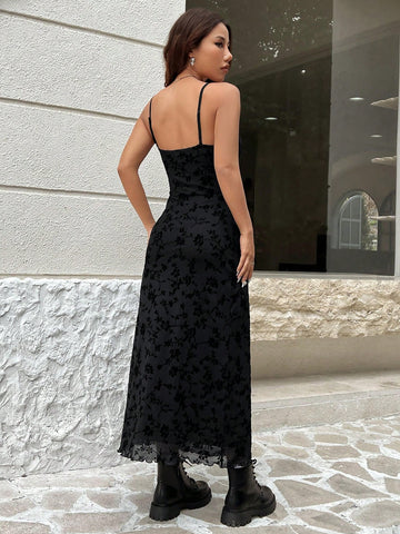 Black Knitted Velour Women's Spaghetti Strap Dress