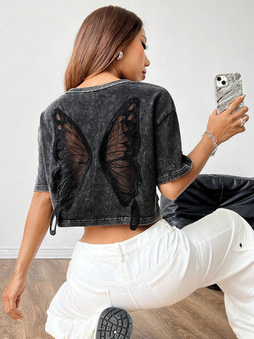 Black Knitted Women Casual Spring/Summer Short Sleeve T-Shirt