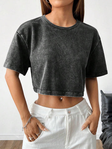 Black Knitted Women Casual Spring/Summer Short Sleeve T-Shirt