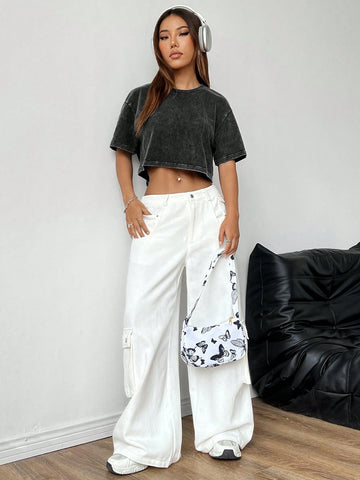 Black Knitted Women Casual Spring/Summer Short Sleeve T-Shirt
