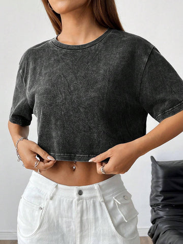 Black Knitted Women Casual Spring/Summer Short Sleeve T-Shirt