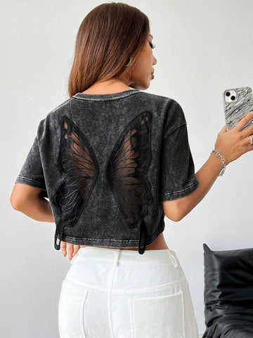 Black Knitted Women Casual Spring/Summer Short Sleeve T-Shirt