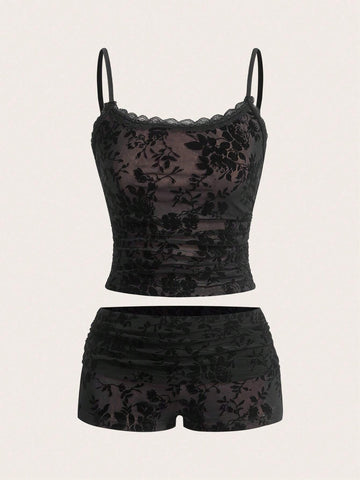 Black Lace Women's Camisole And Shorts Camisole Set