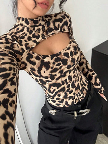 Black Leopard Print Hollow Out High Neck Long Sleeve Top And Bodysuit 2pcs Set For Women, Suitable For Fall/Winter