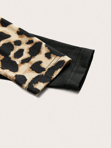 Black Leopard Print Hollow Out High Neck Long Sleeve Top And Bodysuit 2pcs Set For Women, Suitable For Fall/Winter