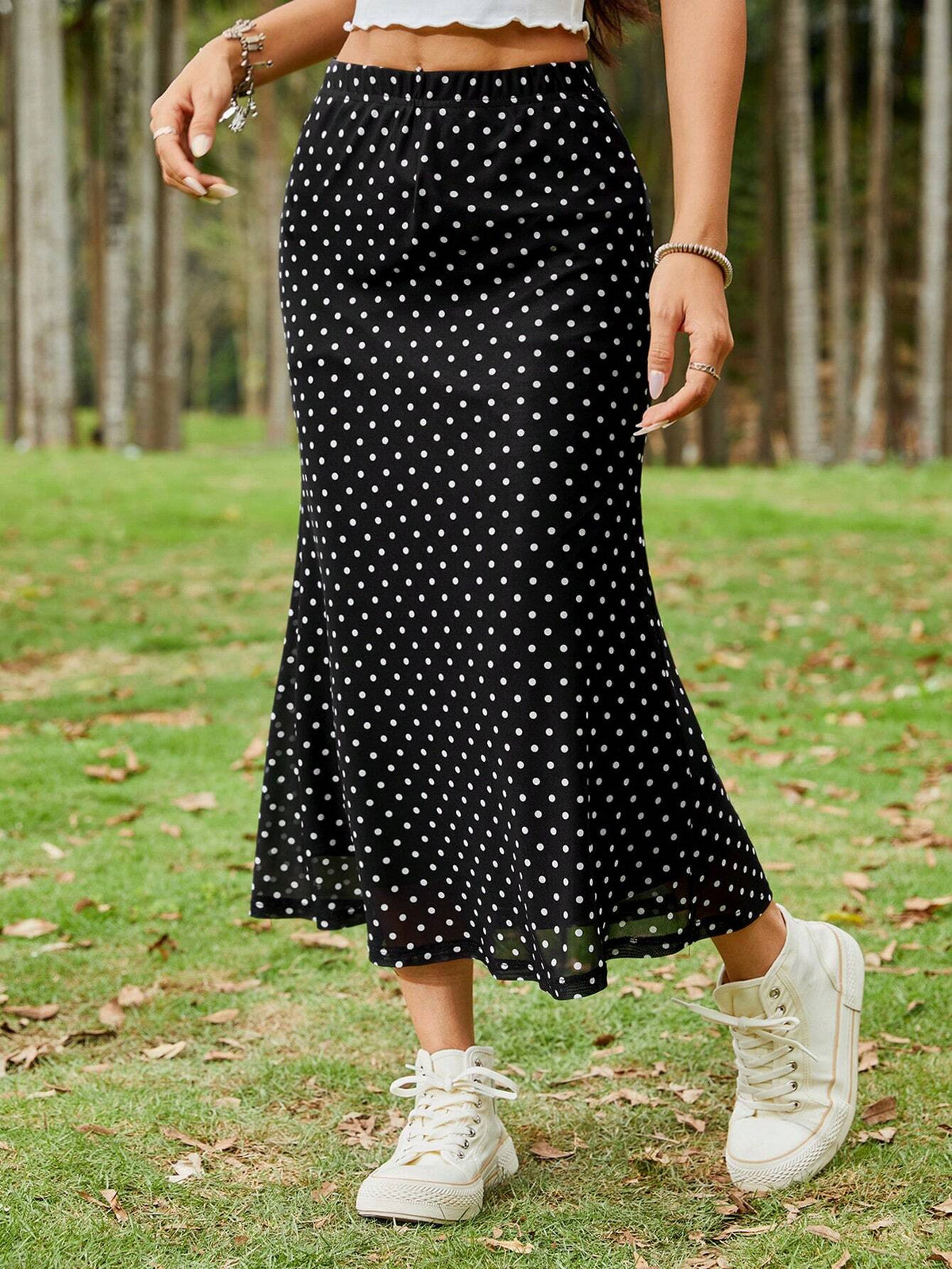 EZwear Black Polka Dot Sheer Mesh High-Low Midi Skirt
