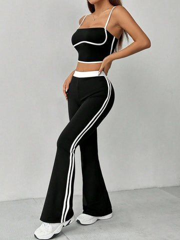 Black & White Striped Printed Flare Pants And Contrast Trim Cami Top Summer Casual 2pcs Set