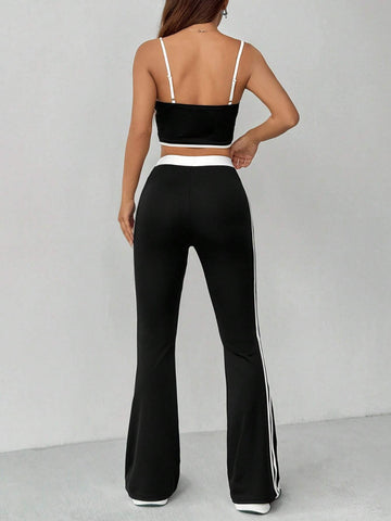 Black & White Striped Printed Flare Pants And Contrast Trim Cami Top Summer Casual 2pcs Set