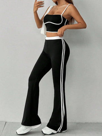 Black & White Striped Printed Flare Pants And Contrast Trim Cami Top Summer Casual 2pcs Set