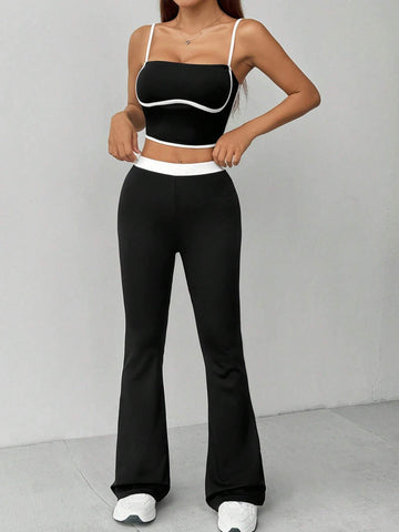 Black & White Striped Printed Flare Pants And Contrast Trim Cami Top Summer Casual 2pcs Set