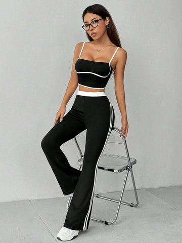 Black & White Striped Printed Flare Pants And Contrast Trim Cami Top Summer Casual 2pcs Set