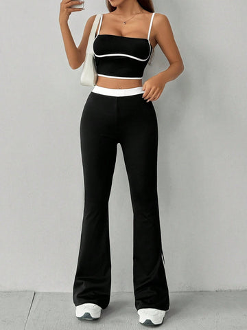 Black & White Striped Printed Flare Pants And Contrast Trim Cami Top Summer Casual 2pcs Set