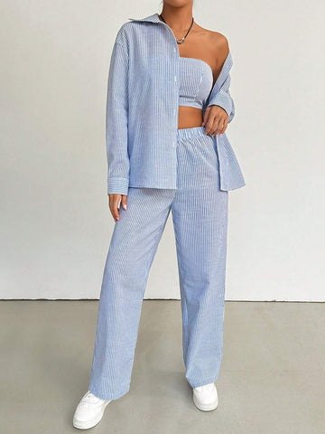 Blue Woven Stripe Casual Three-Piece Set