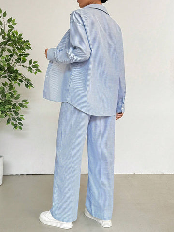 Blue Woven Stripe Casual Three-Piece Set