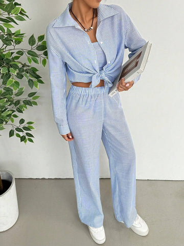 Blue Woven Stripe Casual Three-Piece Set