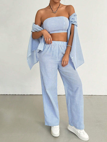 Blue Woven Stripe Casual Three-Piece Set