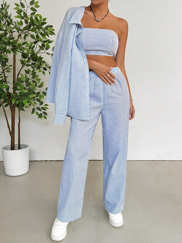 Blue Woven Stripe Casual Three-Piece Set