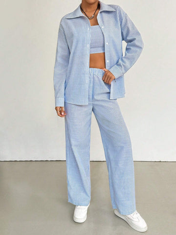 Blue Woven Stripe Casual Three-Piece Set