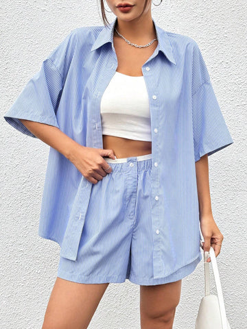 Blue Woven Striped Top With Front Button Closure And Shorts Featuring Pockets Set