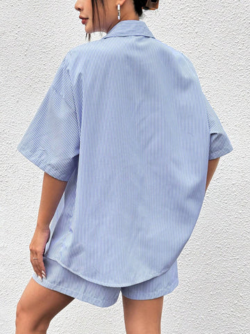 Blue Woven Striped Top With Front Button Closure And Shorts Featuring Pockets Set