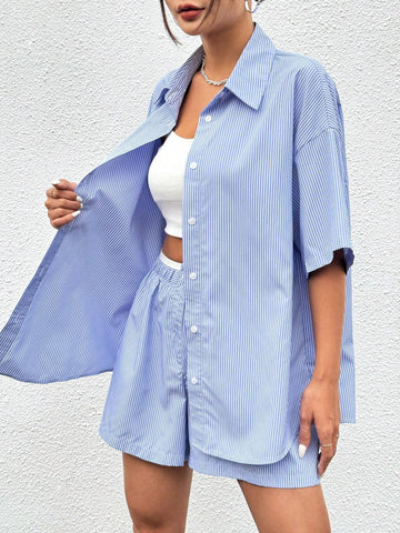 Blue Woven Striped Top With Front Button Closure And Shorts Featuring Pockets Set