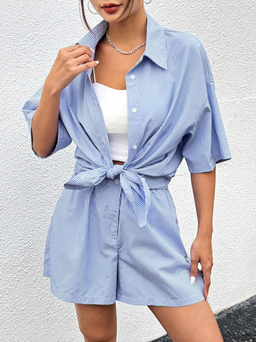 Blue Woven Striped Top With Front Button Closure And Shorts Featuring Pockets Set