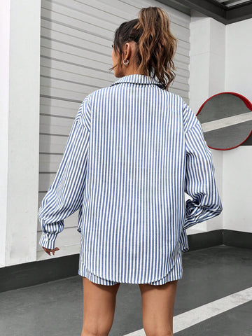 Blue Woven Women's Vertical Striped Shirt & Shorts Set