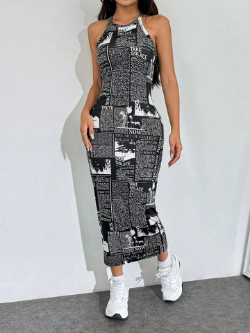 Bodycon Sleeveless Dress With Newspaper Print