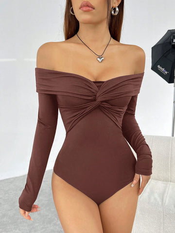 Brown Knitted Off-Shoulder Women's Bodysuit