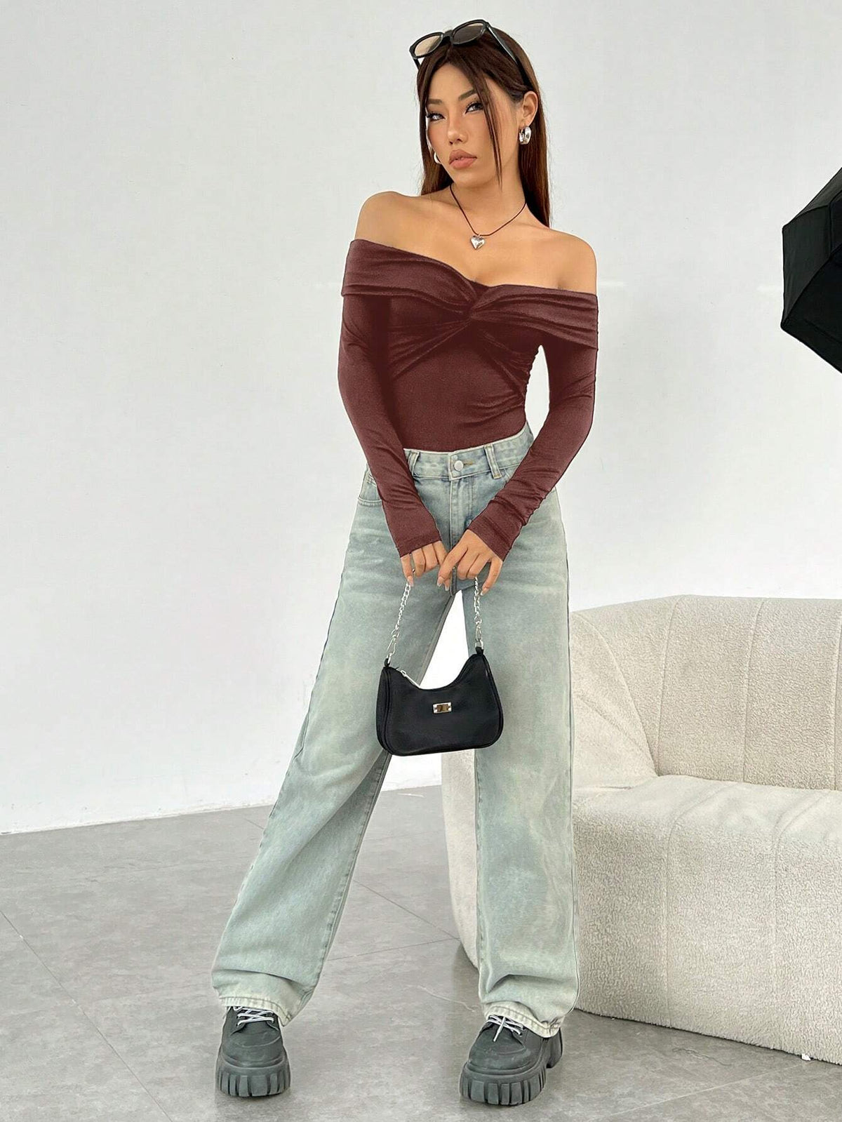 Brown Knitted Off-Shoulder Women's Bodysuit