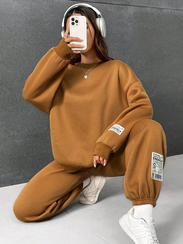 Brown Knitted Women's Sweatshirt Set