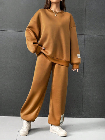 Brown Knitted Women's Sweatshirt Set