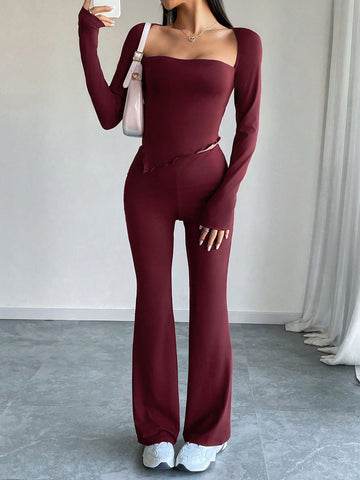 Burgundy Knit Women's Casual Sports Set