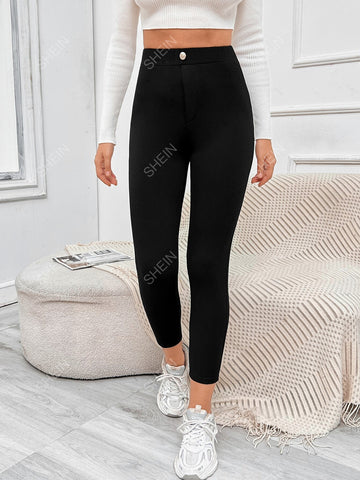 EZwear Button Detail Patched Pocket Skinny Black Pants