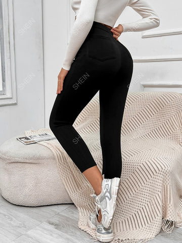 EZwear Button Detail Patched Pocket Skinny Black Pants