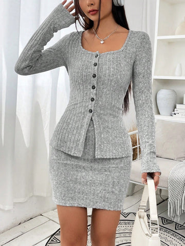 Button Front Tee & Bodycon Skirt