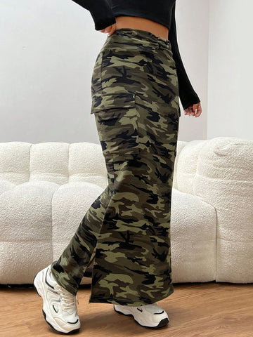 EZwear Camo Print Flap Pocket Split Hem Mermaid Skirt