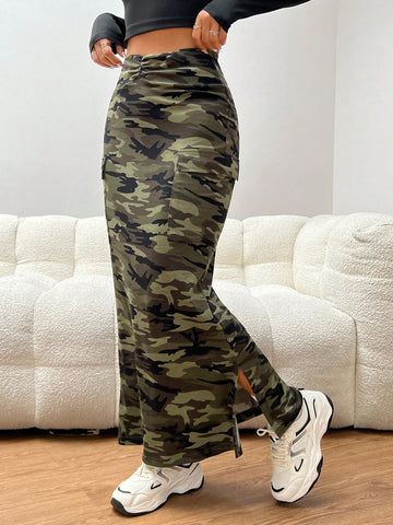 EZwear Camo Print Flap Pocket Split Hem Mermaid Skirt