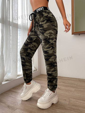 EZwear Camo Print Knot Front Letter Tape Sweatpants