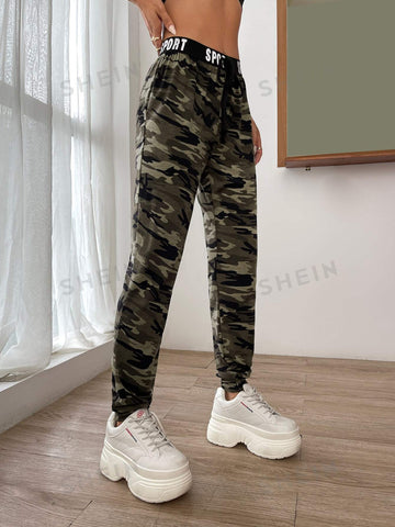 EZwear Camo Print Knot Front Letter Tape Sweatpants