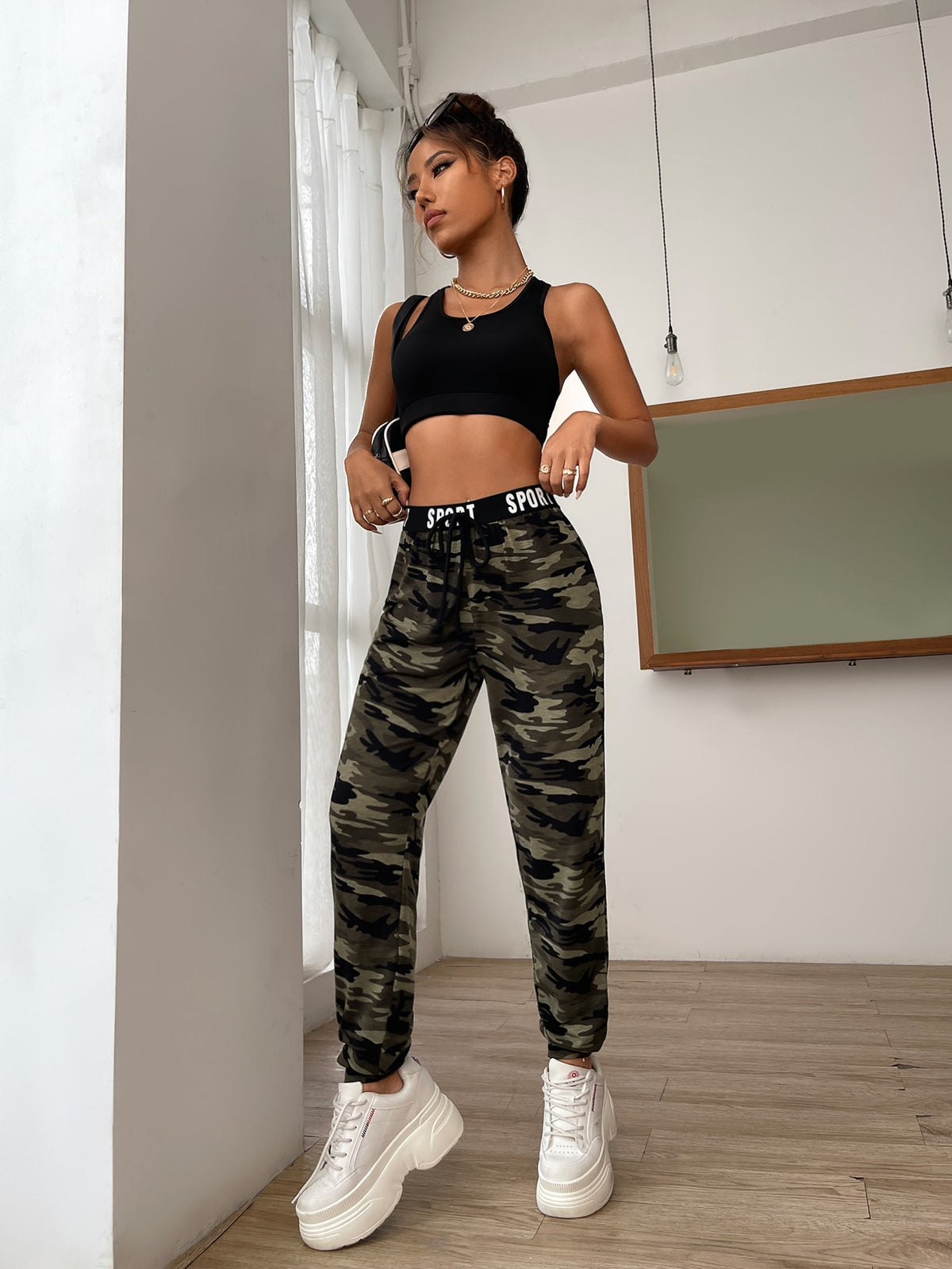 EZwear Camo Print Knot Front Letter Tape Sweatpants